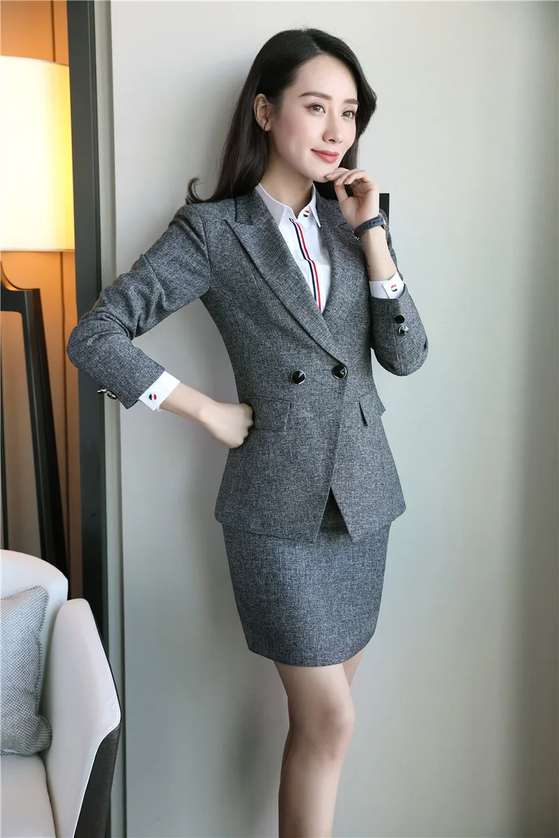 Деловой черный блейзер для женщин, деловые костюмы с юбкой и курткой, элегантный женский офисный униформенный стиль