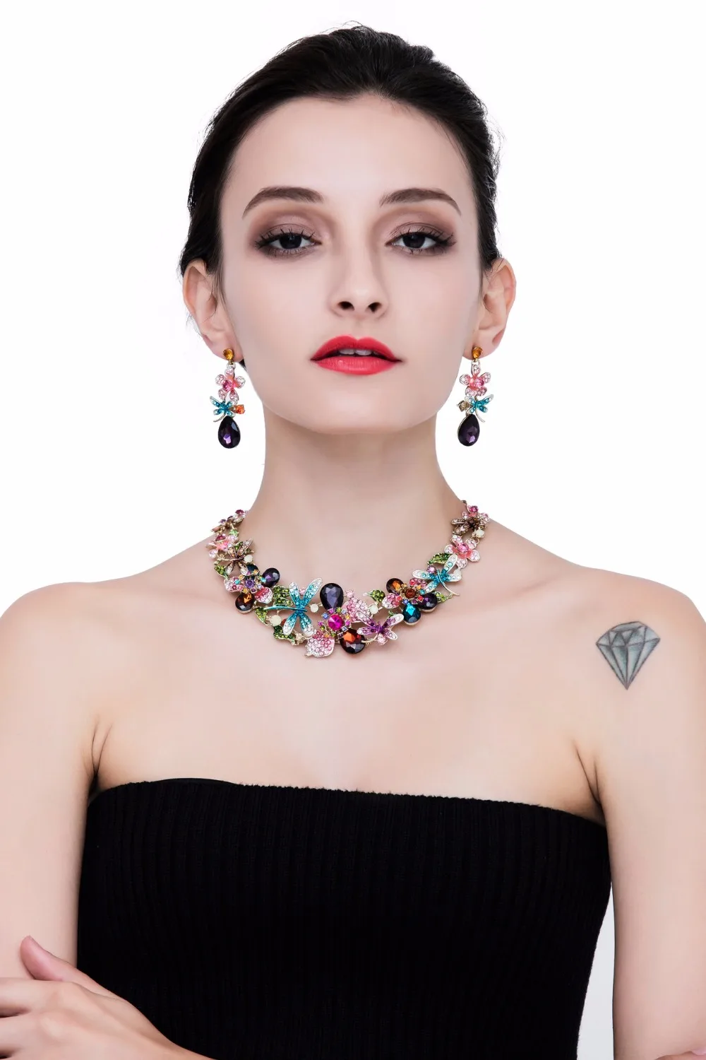 

Dragonfly necklace earrings set Colorful Women wedding party Jewelry gift Jewelry sets multi color delicate dress jewelly