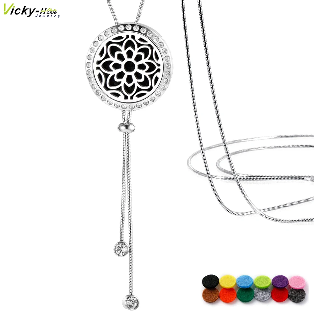 

New Aromatherapy Essential Oil Necklace Stainless Steel Locket with Felt Pads, 35.5in Adjustable Snake Chain Perfume Necklace