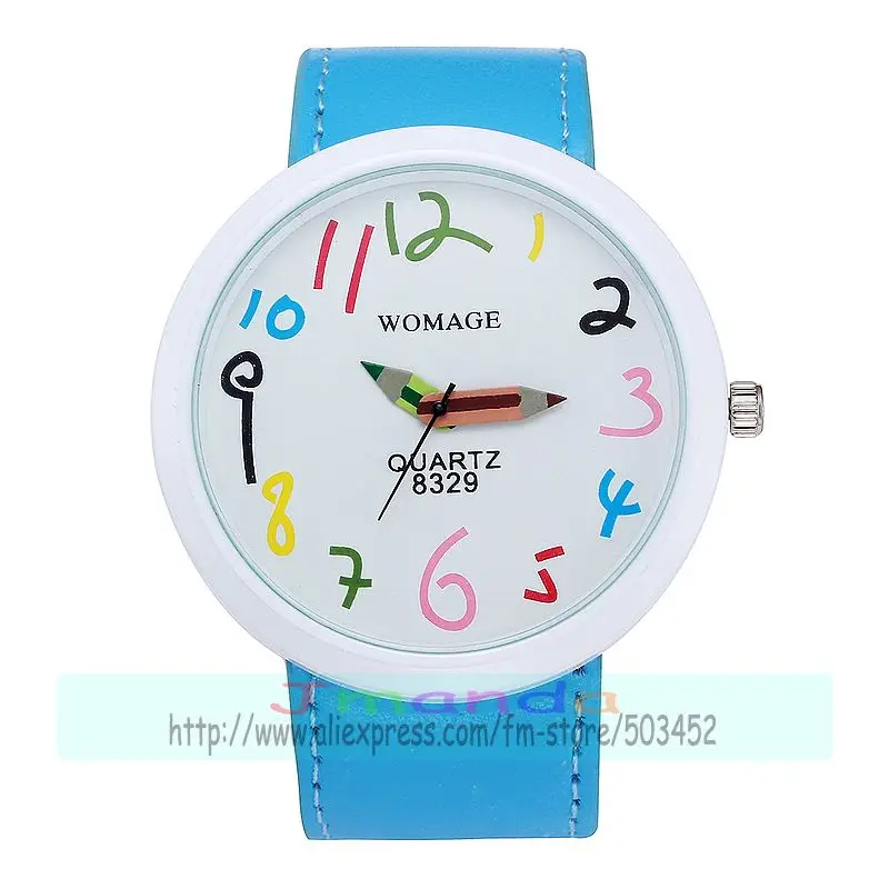 100 шт Womage-8329 модные часы с большим циферблатом, кожаный указатель, парные цветные кварцевые часы с номером, супер продавец - Цвет: light blue