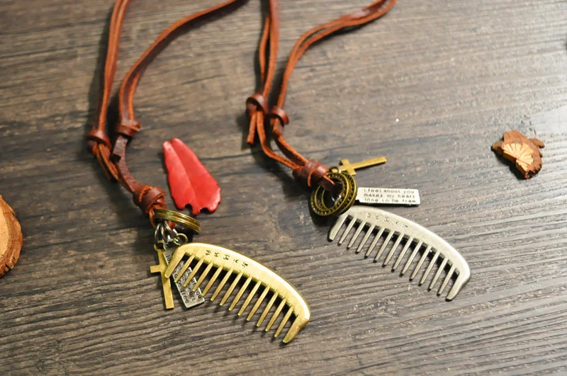 NIUYITID Comb Pendant Mens Necklace Chain Vintage Long Rope Neckless 100% Genuine Leather Jewelry Male Accessories (2)