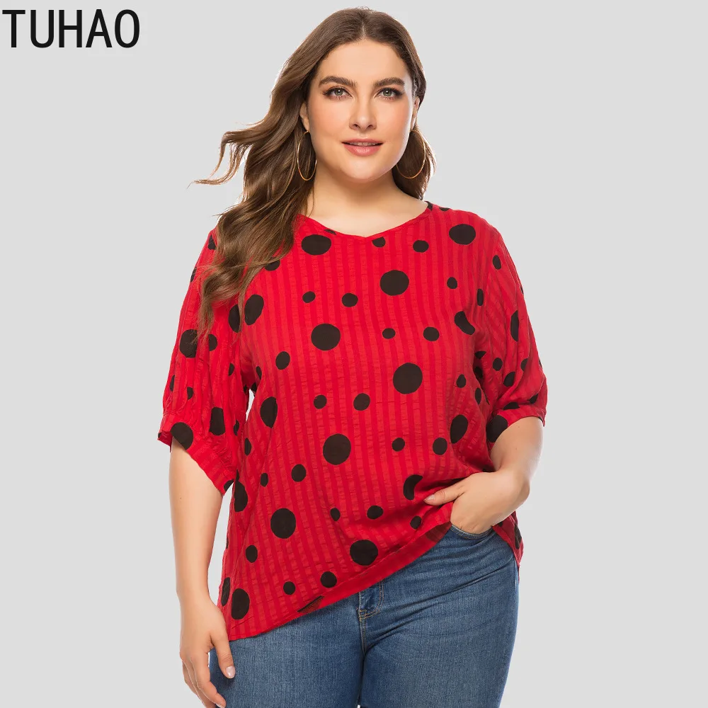 

TUHAO 2019 Large Size 4XL 3XL Yellow Red Short Sleeve Loose Women's Casual Blouse Summer Polka Dot Casual Blouses Tops LZ17