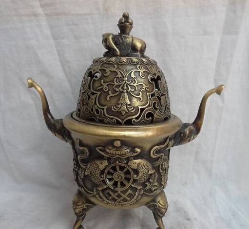 Tibet Bronze 8 Auspicious Symbol Fish Elephant Statue Incense Burner Censer S0615 |