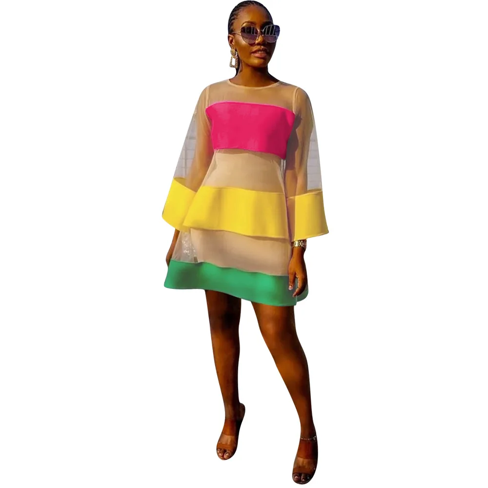 

African Clothes Mesh Dress Women 2019 Summer Casual Multi Striped O-Neck Long Sleeve Loose Mini Dress Holiday Beach