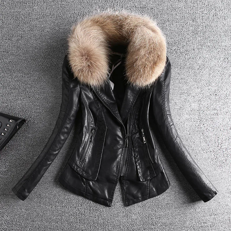 

2019 spring autumn women's new motorcycle leather short women pu leather short jacket raccoon fur coat woman lady clothing