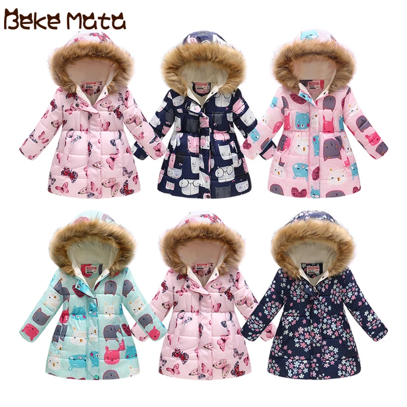 

BEKE MATA Winter Coat Girls Long 2018 Cartoon Print Kids Girl Parkas Outerwear Hooded Zipper Thicken Cotton Children's Jackets