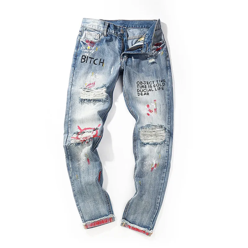 Bebovizi бренд хип-хоп Для мужчин джинсовые штаны узкие джинсы с рваной отделкой новый дизайнер смешно печати уличная уничтожены Рваные джинсы