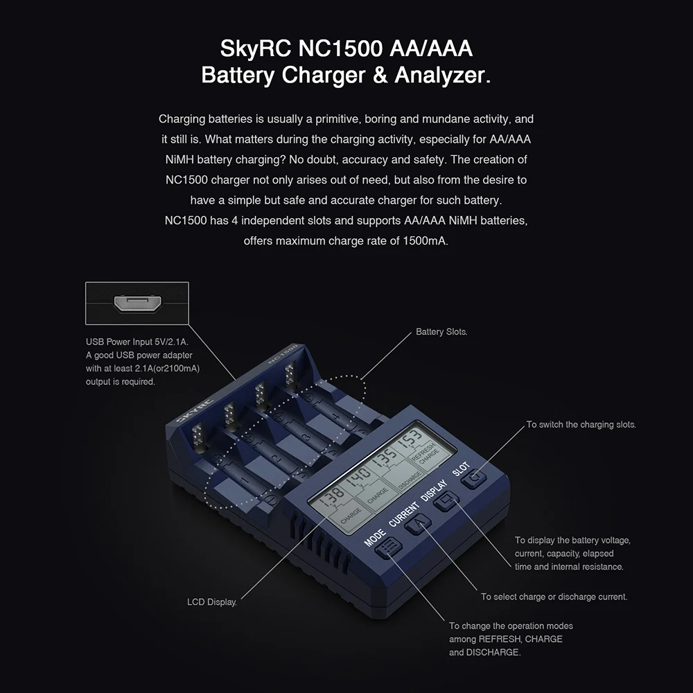 SKYRC NC1500 4 слота Смарт зарядное устройство и анализатор для AA/AAA Ni MH батареи|Детали