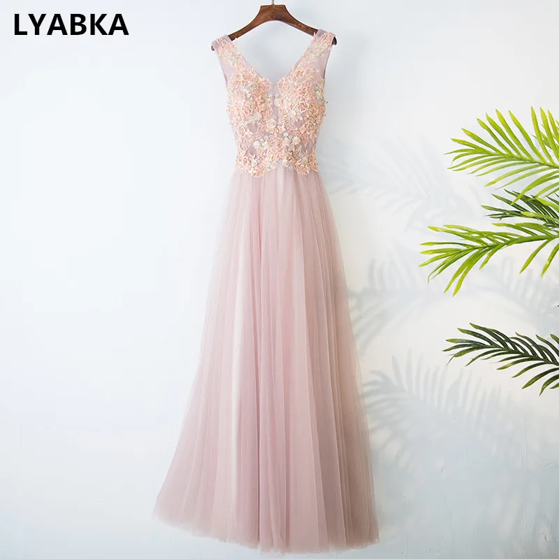 

Sexy V-Neck Evening Dress Robe De Soiree Tulle With Appliques A-line Evening Dresses Long Dress Real Photo 2019 Vestido De Festa
