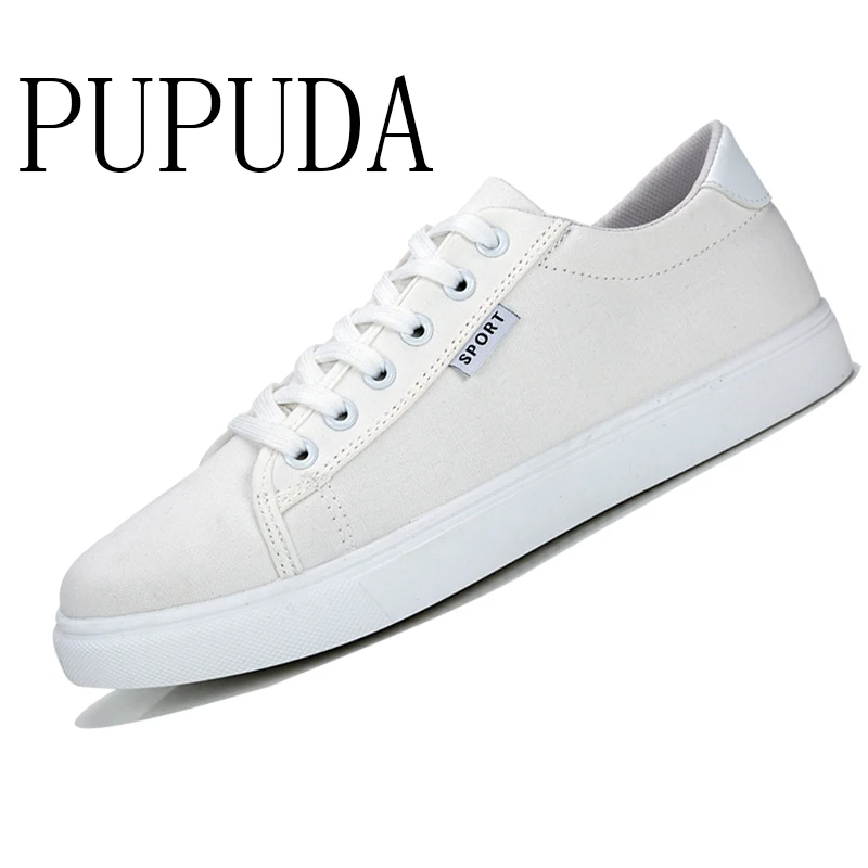PUPUDA/белые туфли мужские Летние Удобные Модные парусиновые туфли мужские классические кроссовки с вулканизированной подошвой Черные эспадрильи мужские трендовые туфли - Цвет: Белый