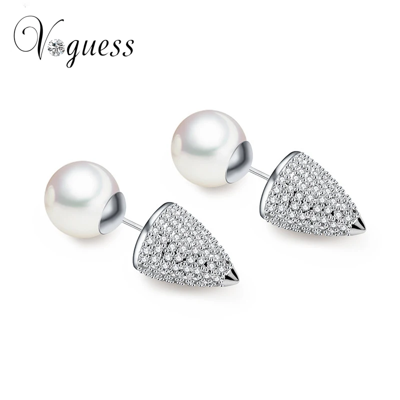 

VOGUESS Unique Design Pearl Bullet Stud Earring AAA Cubic Zirconia Earring Gold Filled Christmas Earrings for Women