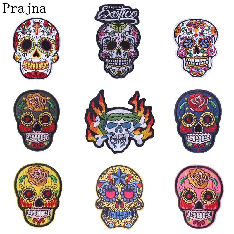 

Prajna Punk Fire Skull Embroidery Biker Iron on Patches For Clothing Jeans Apparel Fabric Motorcycle Applique DIY Stickers E