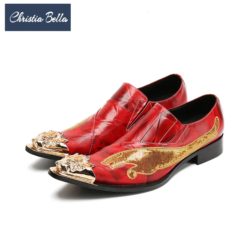

Christia Bella Brand Fashion Men Shoes Genuine Leather Metal Toe Wedding Dress Shoes Plus Size Glitter Party Male Formal Shoes