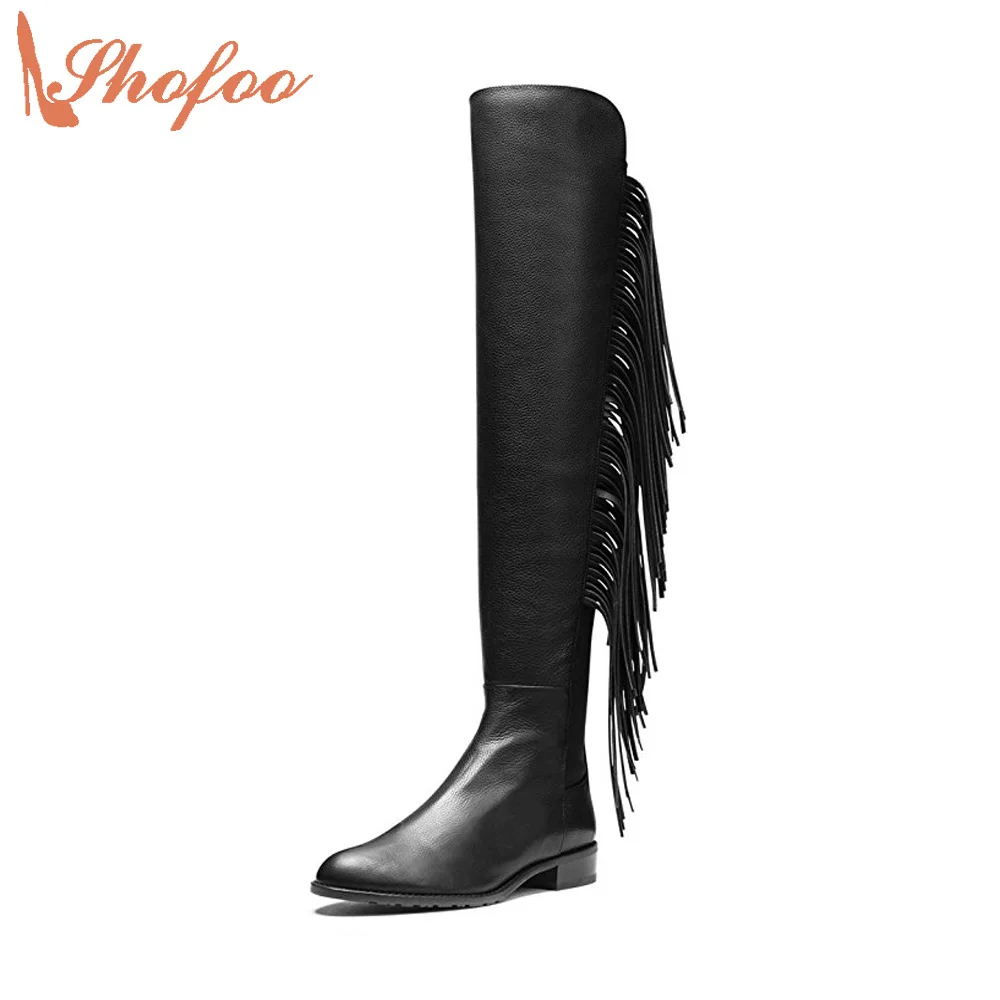 Shofoo Women Black Fashion Round Toe Knee Wedge Winter Boots Shoes Warm Woman Dress  Party Casual Wedges Heels ,size 4-16