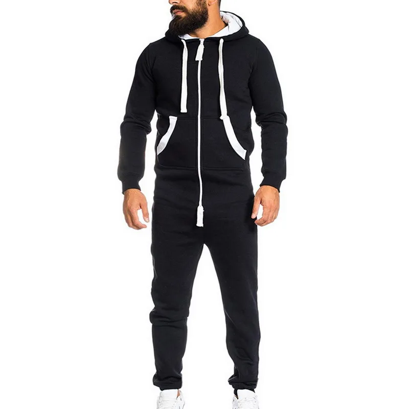 

SHUJIN Autumn Men Jumpsuits Patchwork Men's Sportswear Casual Hooded Tracksuit with Pockets Long Overalls pantalon hombre