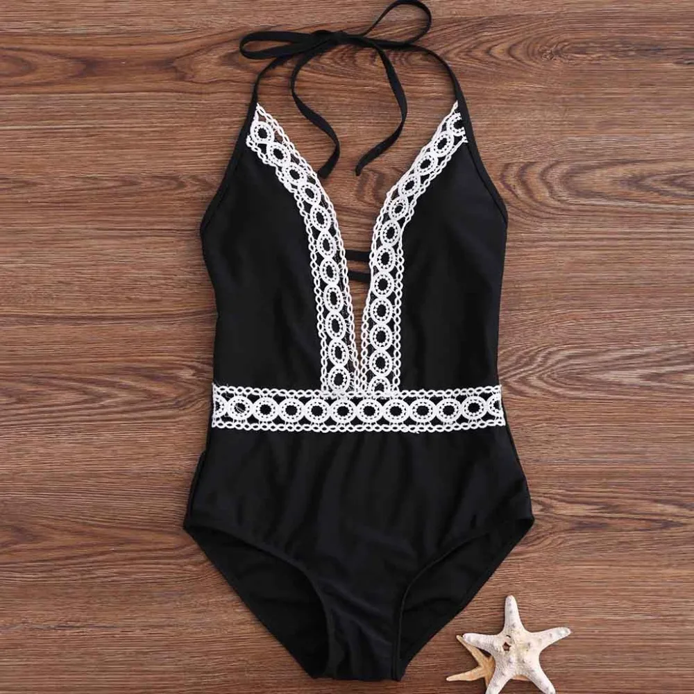 Women Bodysuit One Piece Swimsuit Solid Halter Neck Lace Swimwear Women