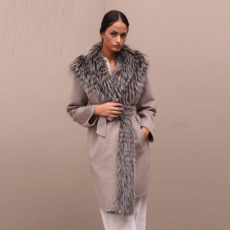 Новое поступление, Женское пальто с натуральным мехом, с большим длинным воротником из меха серебристой лисы, Зимняя шерстяная куртка, высокое качество, шуба, большая акция