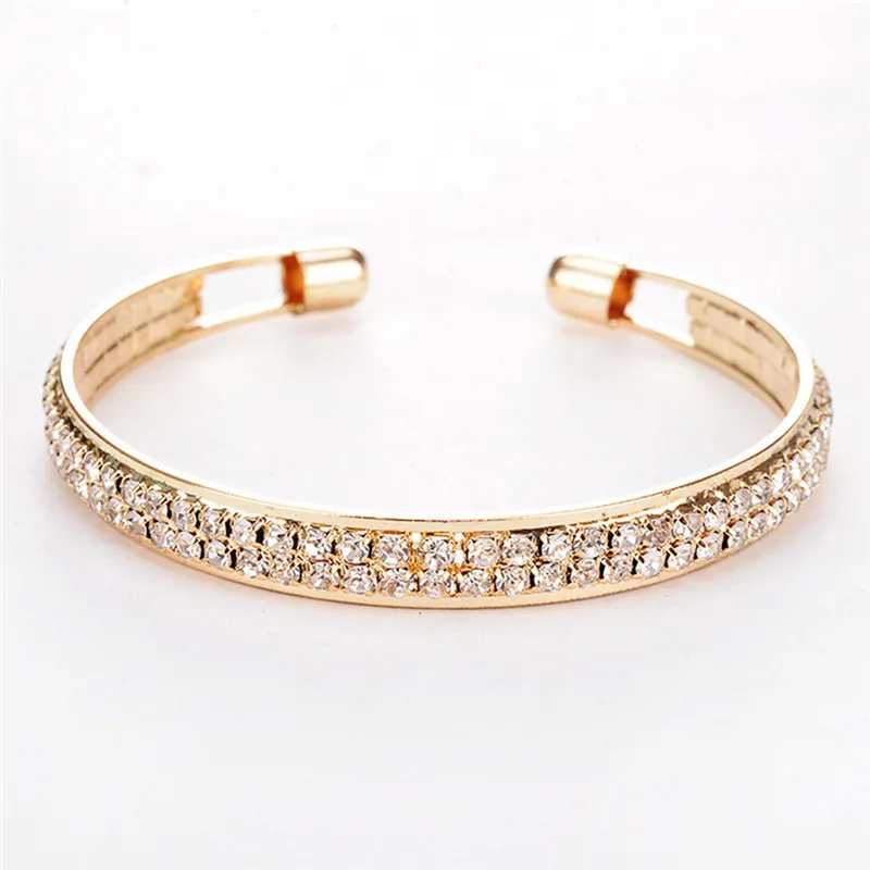 ROMAD 2 Rows Opening Bracelets Women Crystal Rhinestone Bangle Wristband Cuff Open Bracelets Wedding Party Charms Jewelry R1