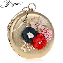 Spring Design Flower Lady Evening Bags Leaf Metal Round Shaped Women Evening Bags Day Clutches Purse Diamonds Chain Shoulder Bag