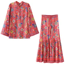 Комплект для женщин лето темперамент Модная рубашка с длинными рукавами и принтом+ Высокая талия тонкая юбка элегантный повседневный костюм из двух предметов