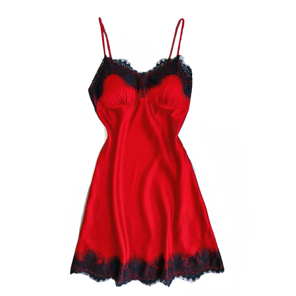 Женское сексуальное шелковое атласное Ночное платье без рукавов, ночная рубашка размера плюс, кружевная ночная рубашка - Цвет: Красный