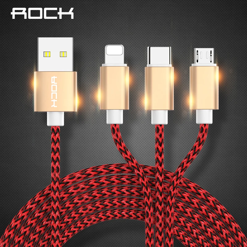 

ROCK 3A Hi-Tensile 3 in 1 USB Cable Lighting cable Micro Type C For iPhone 8 7 6 5 Xiaomi Samsung Quick phone Charger cord 1.2M