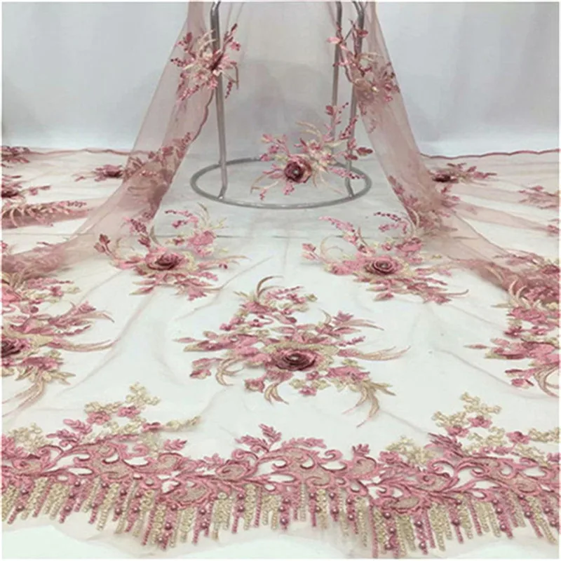 African pink Lace Fabric 2019 beads stones Fabrics High Quality net Embroidery French Tulle For Wedding | Дом и сад