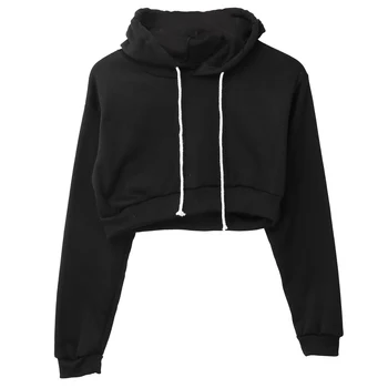 

Cropped Hoodies Sweatshirt Women 2019 Summer Casual Fitness Solid Color Full Long Sleeve Hoodie Black Plain Crop Top