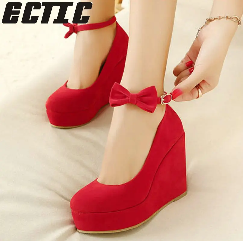 

ECTIC Women High Heels Elegant Wedges Wedding Dress Pumps Female Flock Platform Buckle Ankle Strap Bowtie Shoes Plus Size AE-13