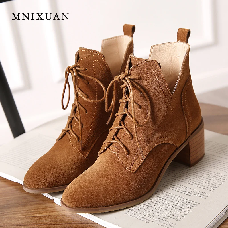 

MNIXUAN Special offer women shoes ankle boots 2018 winter new round toe nubuck lace up western martin boots high heels big size