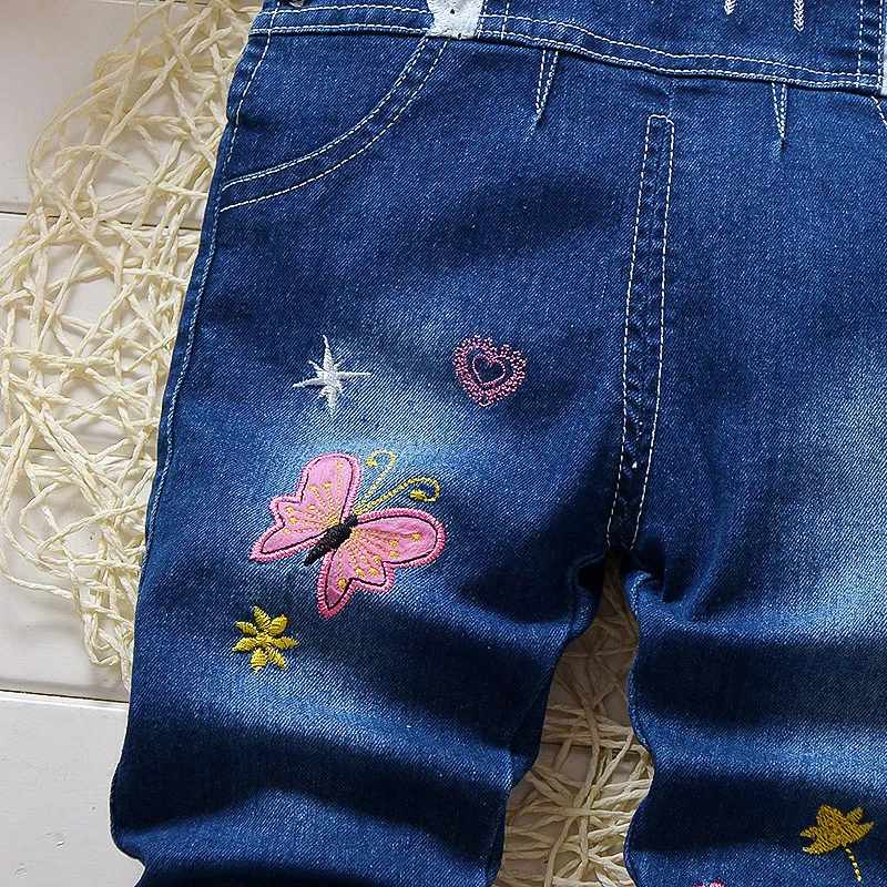 BibiCloa/ г. Детские штаны джинсовый комбинезон с рисунком для девочек, джинсы на лямках весенне-осенние новые детские штаны с рисунком бабочки