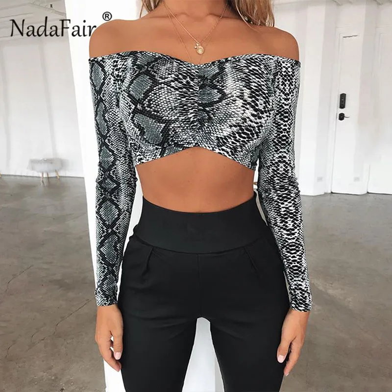 

Nadafair off shoulder sexy snake print t shirt women long sleeve slash neck skinny vintage crop tops female short tshirt