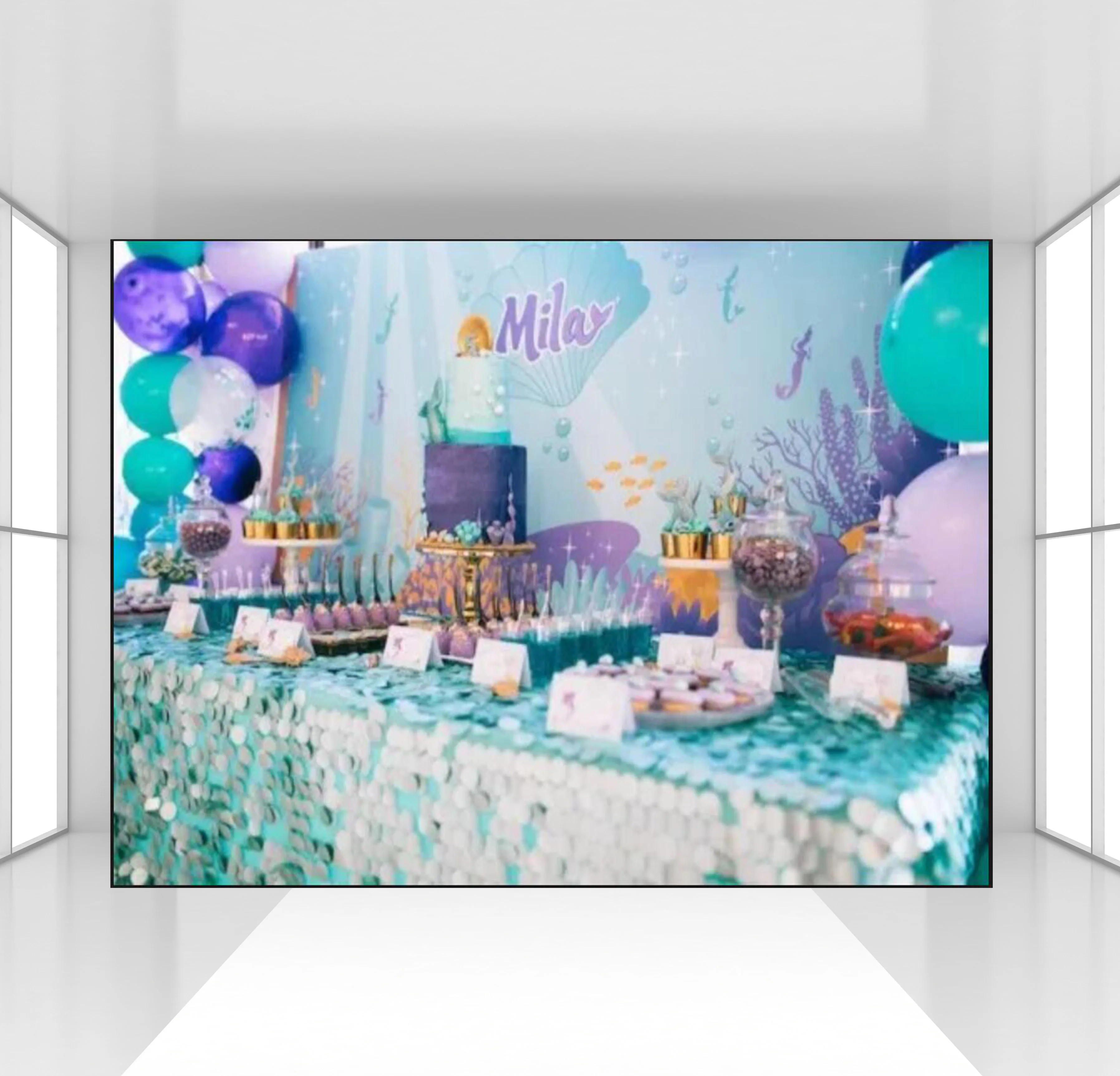 

custom mermaid birthday Party Backdrop seashell phtography Background girl 1st birthday backdrops Turquoise dessert table decor