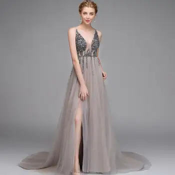

Deep V-Neck Charming Lady High Split Long Dress Size US4-US22 Floor Length Noble Evening Party Gowns Sequins Dresses Vestidos