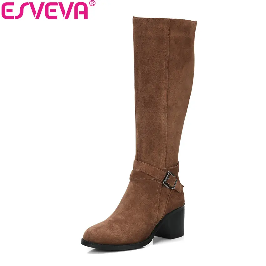 Beste ESVEVA 2018 Vrouwen Laarzen Ronde Neus Koe Suede Korte Pluche Zwarte Knie hoge Laarzen Zwart Vierkante Hoge Hakken Dames laarzen Maat 34 39