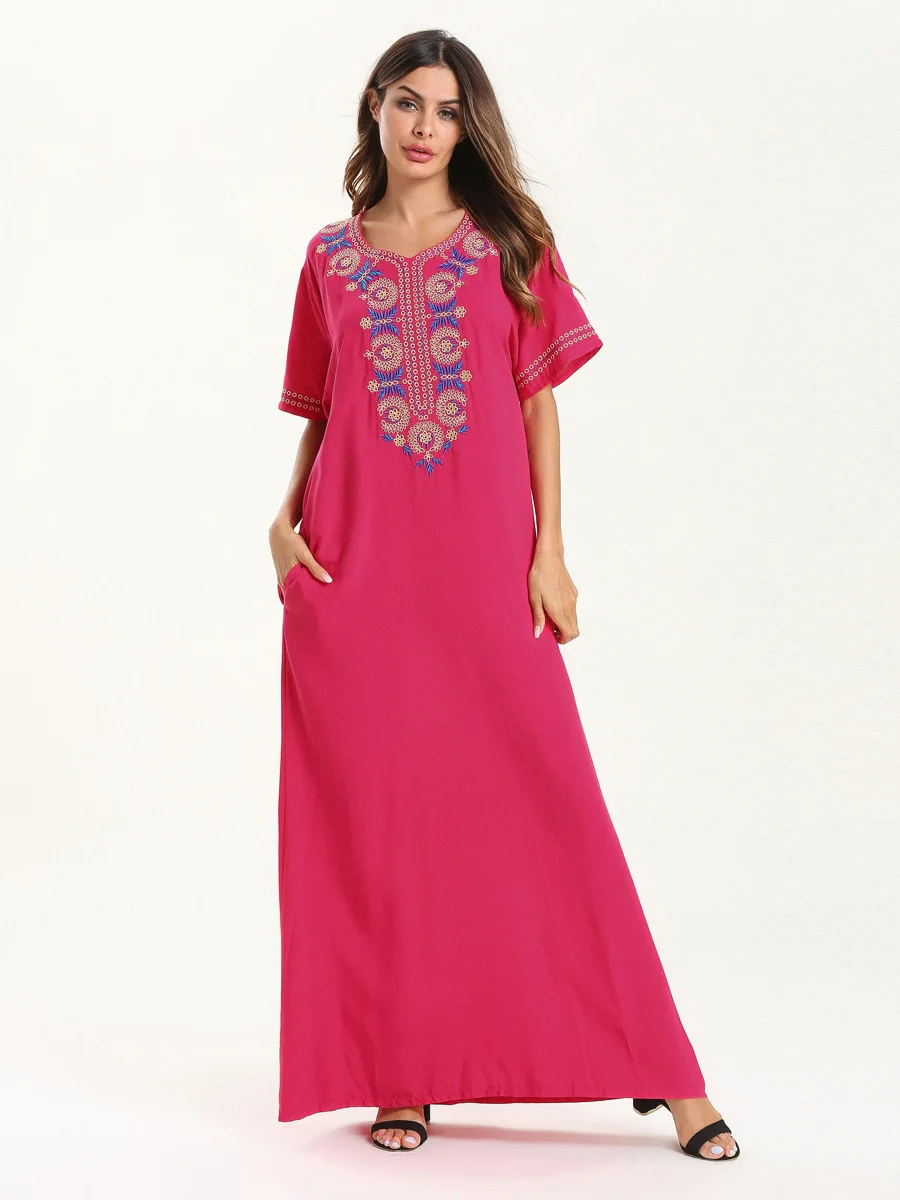 Для женщин летнее платье макси короткий рукав вышивка Этническая мусульманская абаи Дубай, кафтан, исламский арабский Рамадан халат Мода