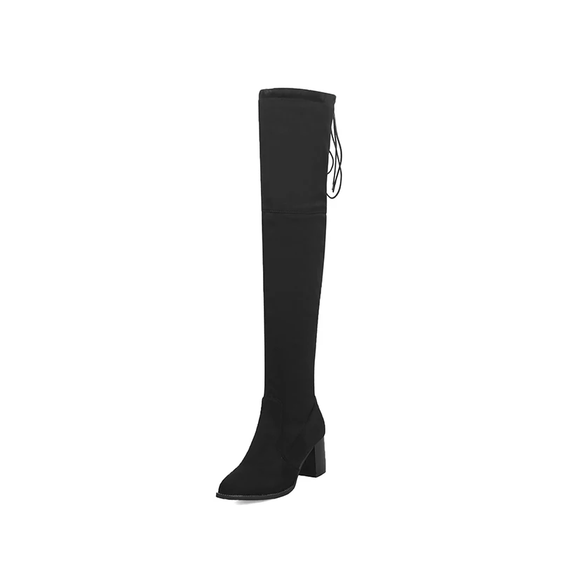 WETKISS/женские Сапоги выше колена; обувь с острым носком и перекрестной шнуровкой; женские сапоги на высоком толстом каблуке; обувь из лакированной искусственной кожи; женская зимняя коллекция года