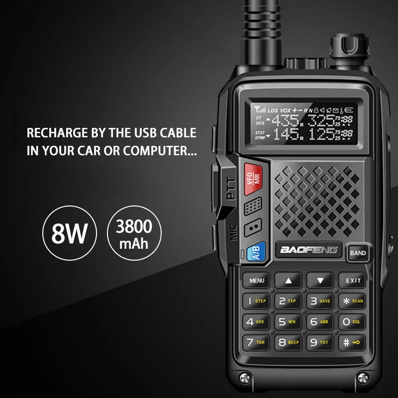 

2019 BAOFENG BF-UVB3 PLUS 8W High Power UHF/VHF Dual Band 10KM Long Range Thickenbattery Walkie Talkie Multiple Charging Mode