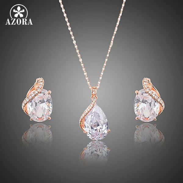 AZORA Rose Gold Farbe Klar Waterdrop Klar Zirkonia Stud Ohrringe und Anhänger Halskette Schmuck Sets für Frauen TG0201