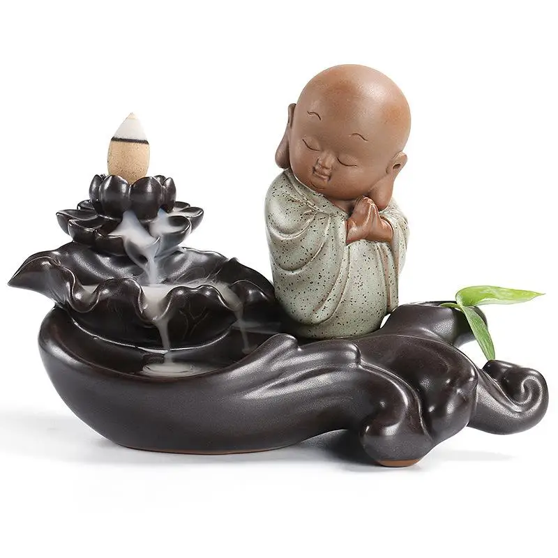 

Incense Burner Sleeping Little Monk Figurine Backflow Incense Cones Holder Living Room Home Decoration Smoke Waterfall Flowing