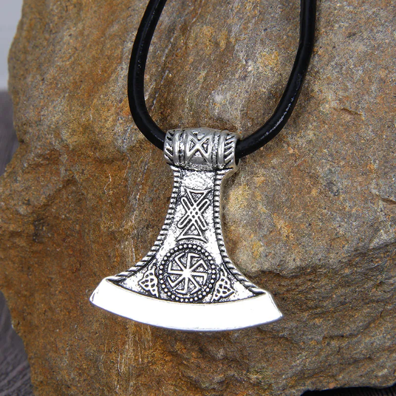 

Viking Necklace Indian Jewelry Fashion Accessories Antique Silver Plated Axe Pendant Leather Rope Men Women