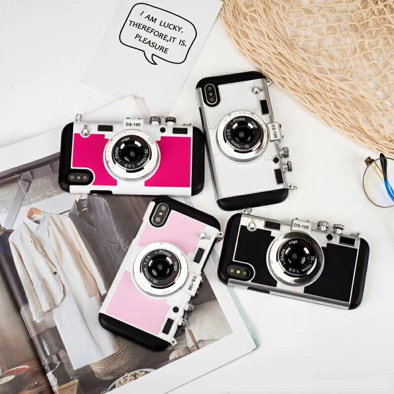 

Luxury Retro 3D Camera Hard Cover Fashion TPU Silicon Case With Rope Type Protective For iPhone X 7 8 6 6SPlus