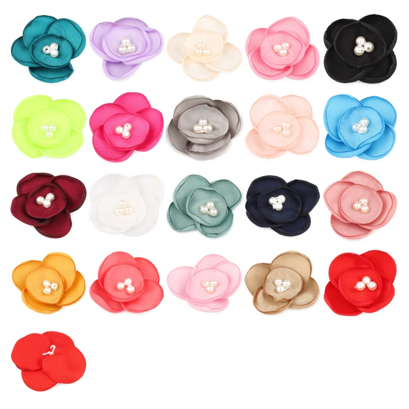 200pcs/lot 5cm Newborn Chiffon Petals Pearls Flower For Hair Clips