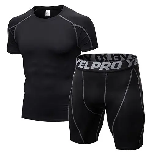 Компрессионная облегающая одежда для спортзала, мужские беговые костюмы, спортивные комплекты, одежда для фитнеса, черные колготки, футболка для бега, шорты, одежда для тренировок - Цвет: black grey