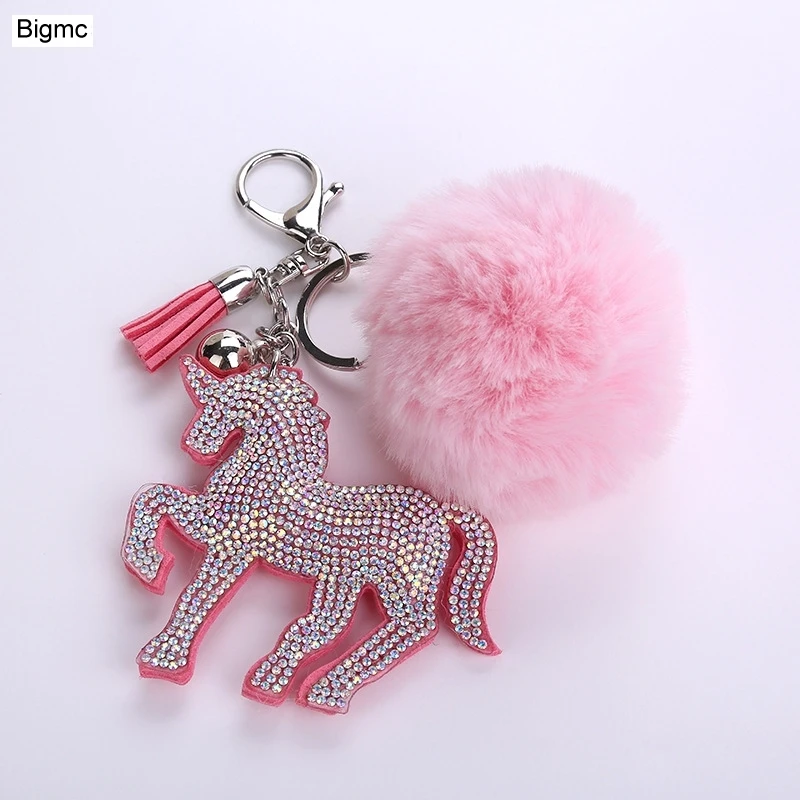 Cute Animal Horse Keychain Faux Fur Pompom Pendants Car Key Holder