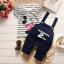 Одежда для маленьких мальчиков clothes2019spring Микки Мышь клетчатая футболка с длинными рукавами+ пояс, Штаны комплект из 2 предметов Beibei спортивный костюм костюмы с футболкой для младенцев Костюмы