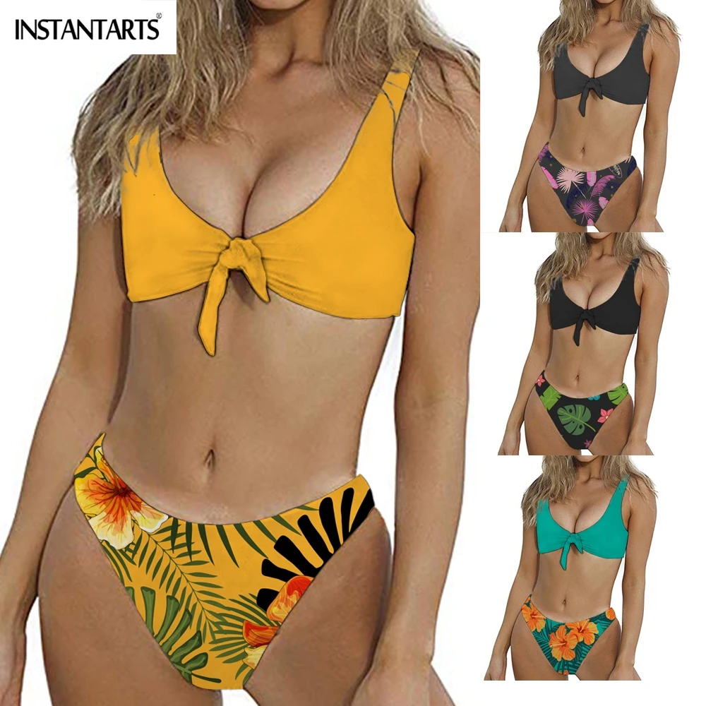 INSTANTARTS Brazilian Woman Summer Sexy Two Piece Swimsuits Bow Tie Backless Tropical Floral Leaf Print Bikini Set Bathing Suits | Женская