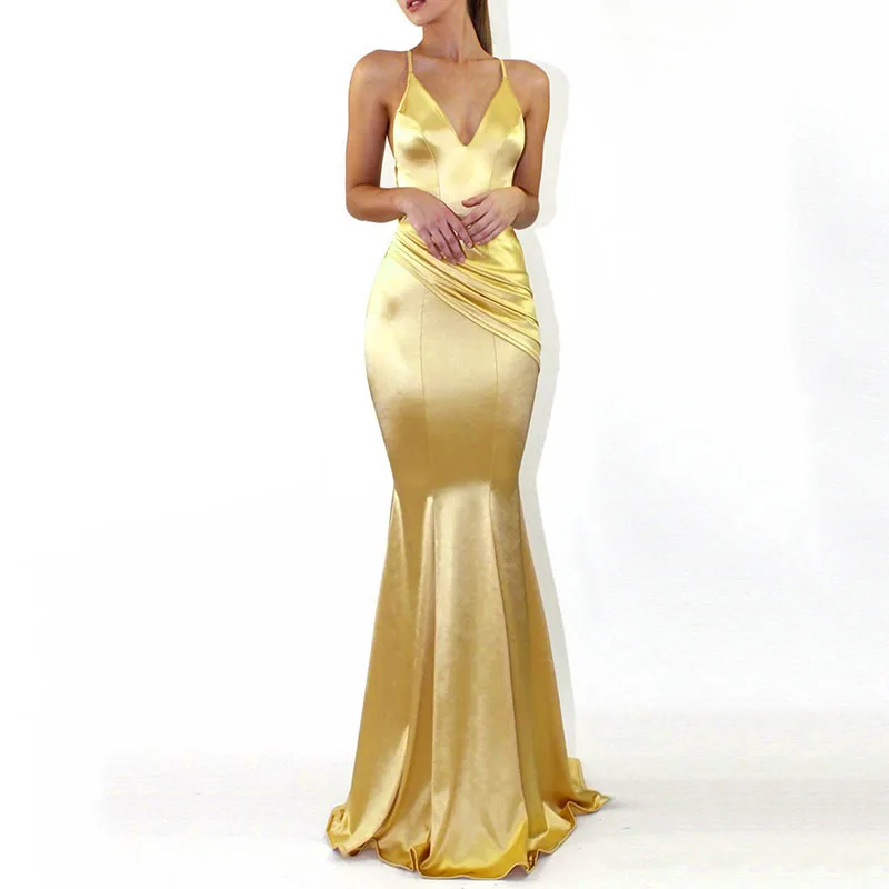 

Summer Formal Dress Women Sexy Slim V-Neck Backless Lady Dress Evening Spaghetti Straps Floor Length Dresses