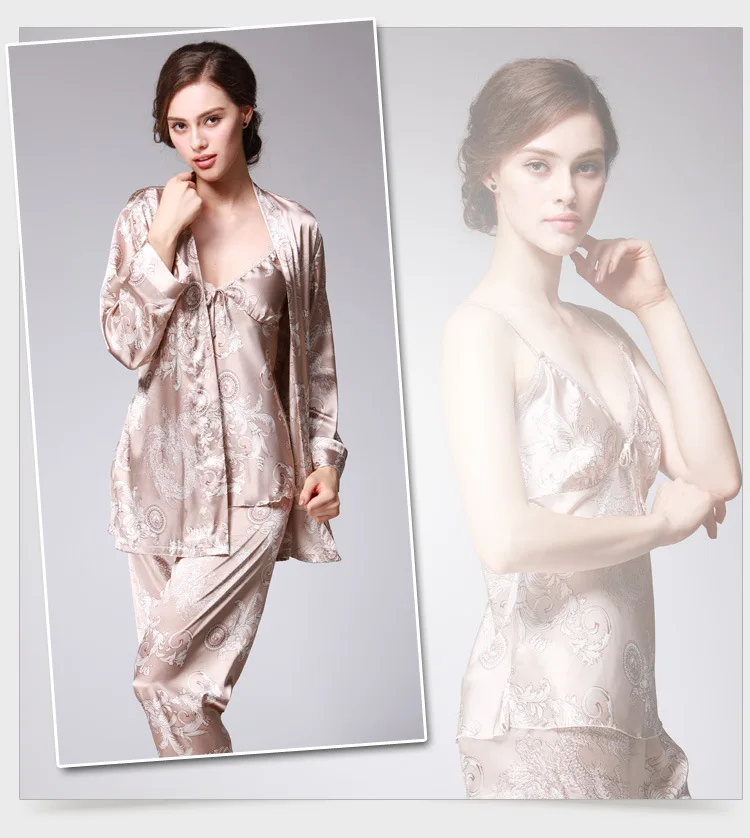 SSH008 женский атласный Шелковый пижамный комплект из 3 предметов, одежда для сна с длинными рукавами, домашняя одежда, женская ночная рубашка, весенне-осенняя Ночная Пижама