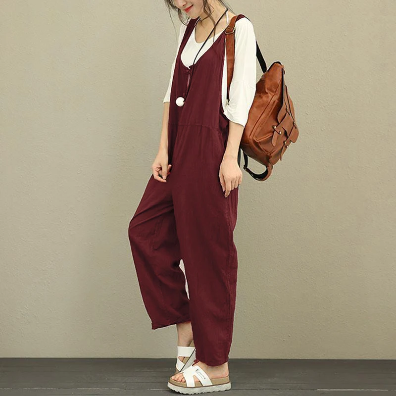 Celmia Women Jumpsuit 2018 Summer Autumn Casual Bottom Sleeveless Backless Rompers Solid Loose Linen Playsuit Plus Size Overalls Jumpsuits and Playsuits